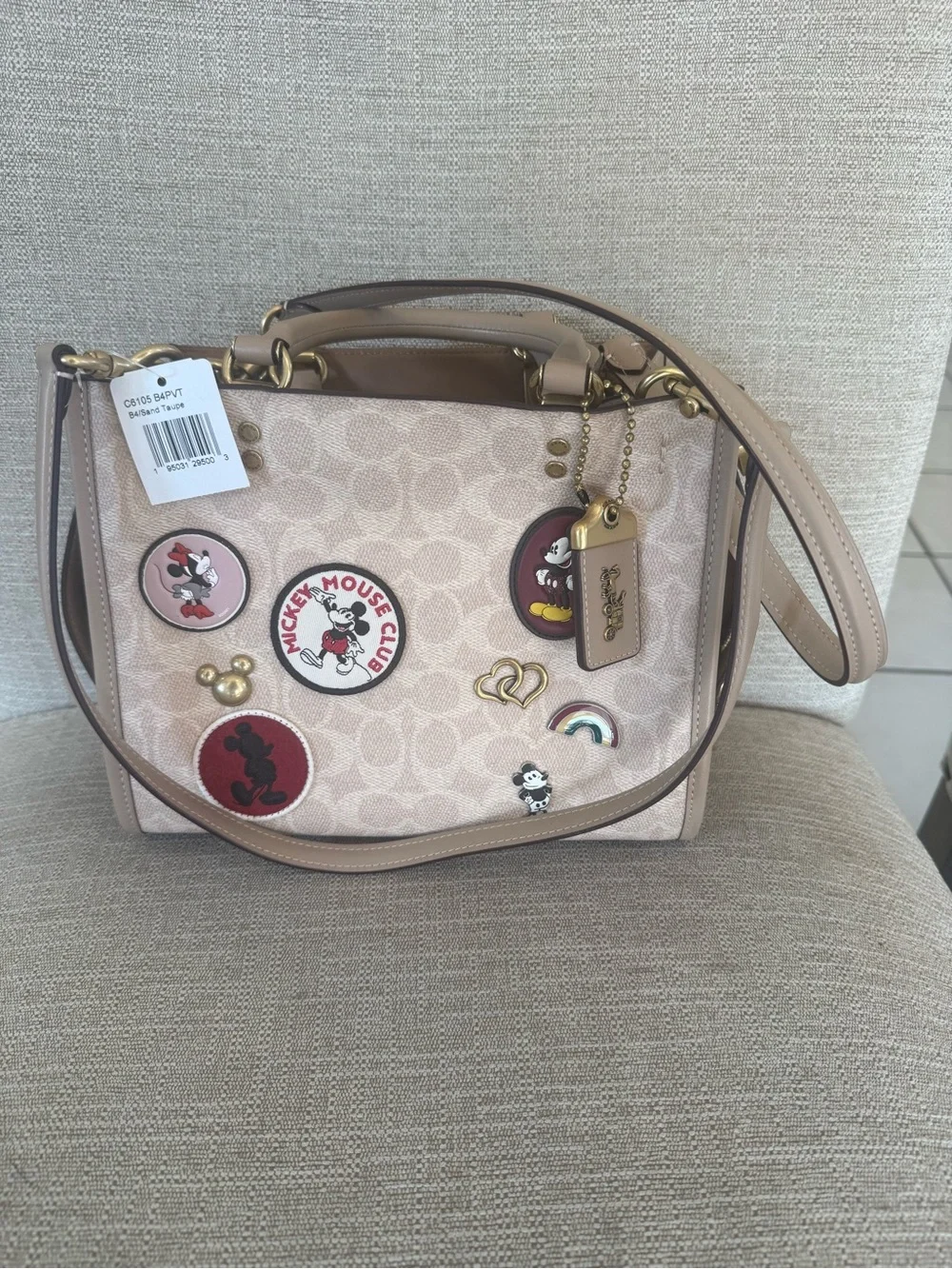 Coach Beige Signature Satchel with Mickey Patches